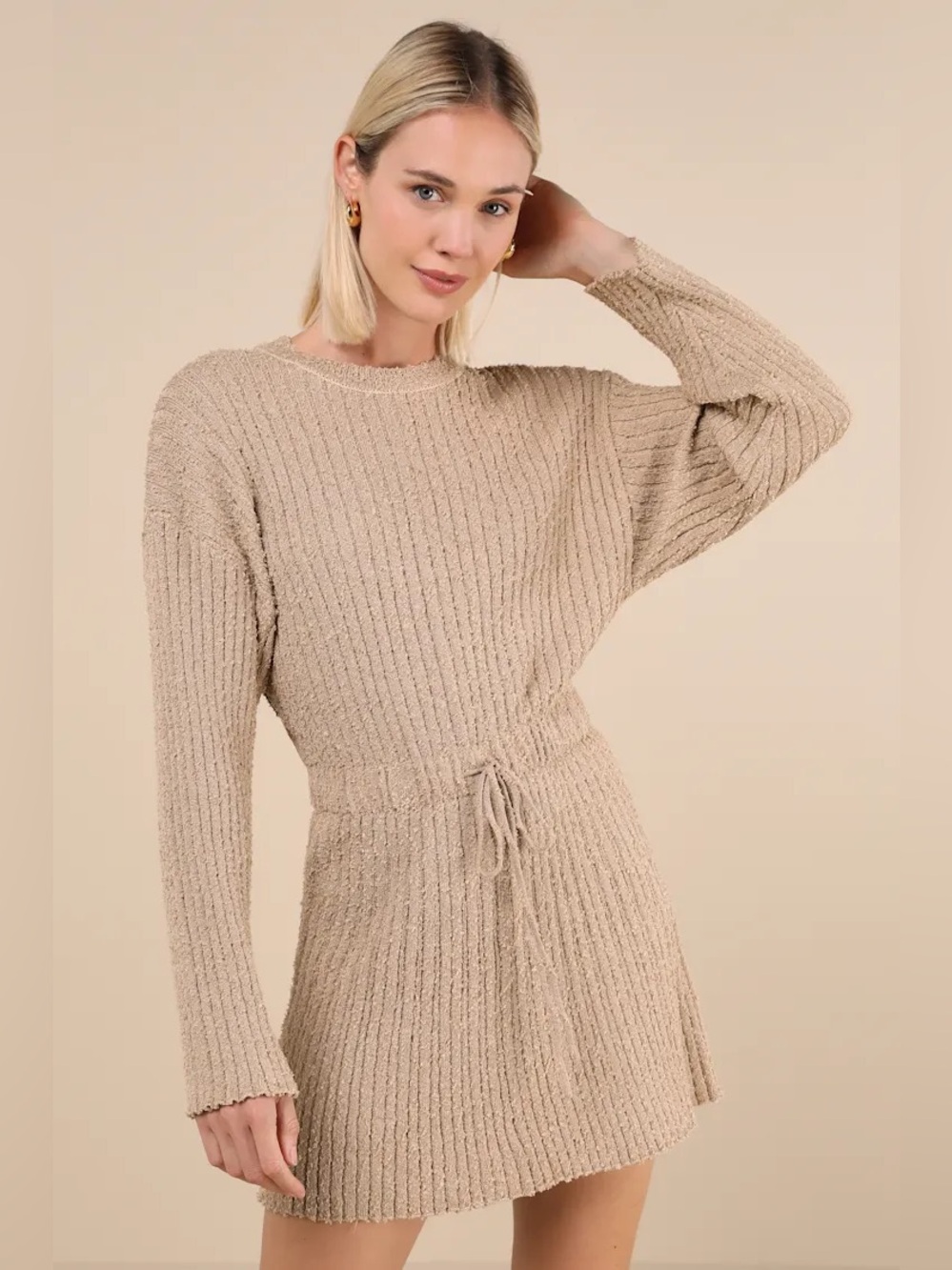Lulus Considerable Charm Beige Boucle Knit Sweater Mini Dress Cozy Ribbed Knit
